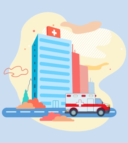 Ambulance Approaching a Tall Hospital Building